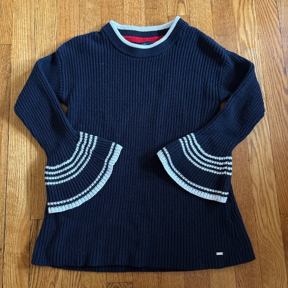 Navy Ribbed Bell-Sleeve Sweater with Light Blue Trim